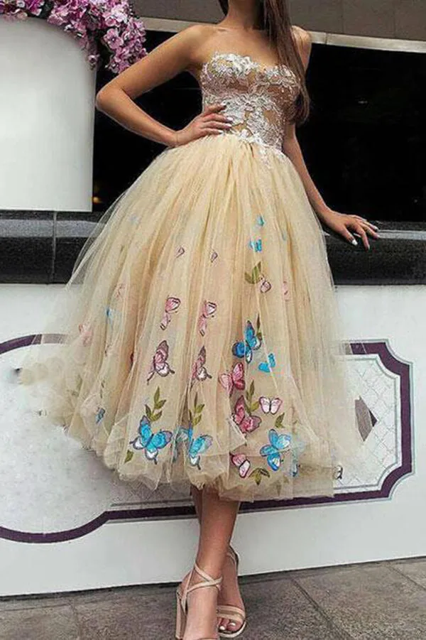 Butterfly Floral Ball Gown Tea Length Lace Strapless Homecoming Dresses, MH517