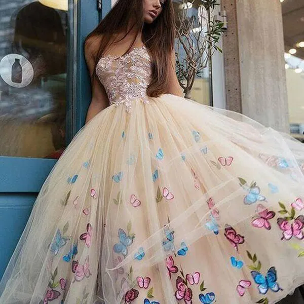 Butterfly Floral Ball Gown Tea Length Lace Strapless Homecoming Dresses, MH517