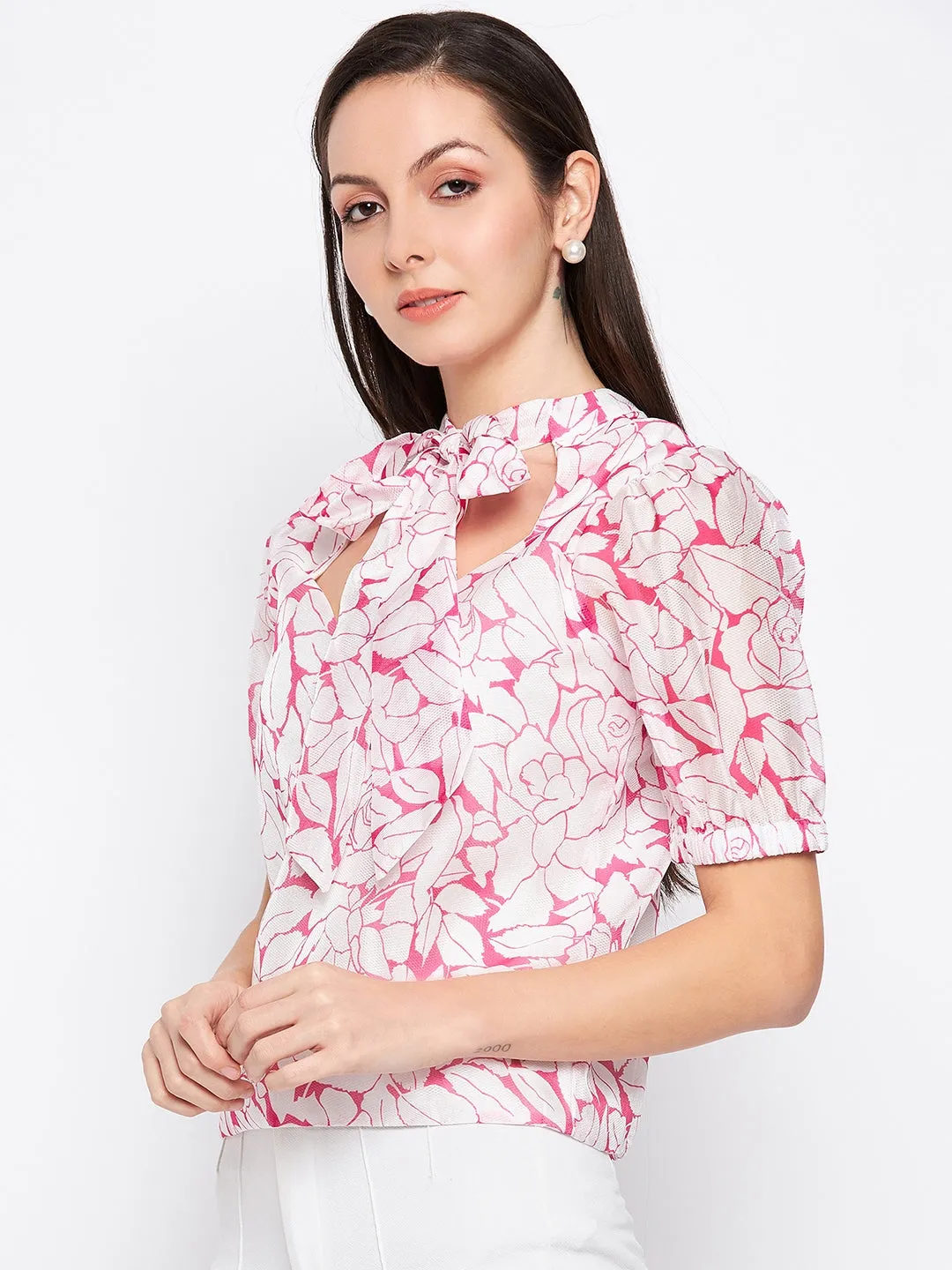 Camla Barcelona Bow Tie Floral Print Puffed Sleeves Top