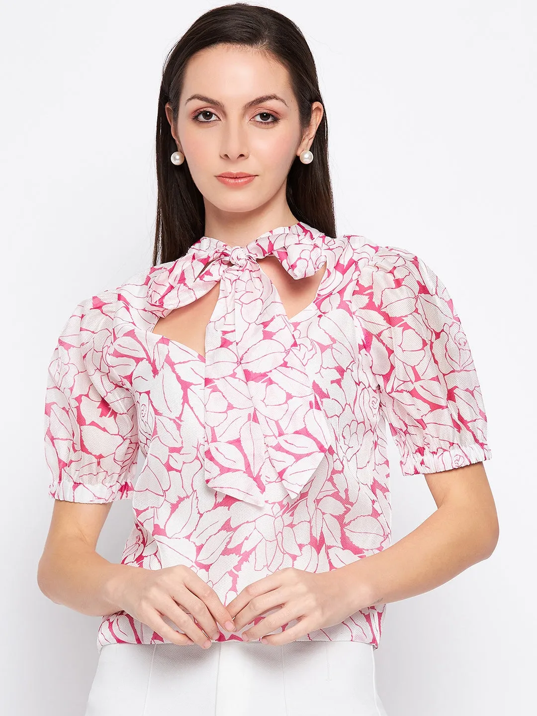 Camla Barcelona Bow Tie Floral Print Puffed Sleeves Top