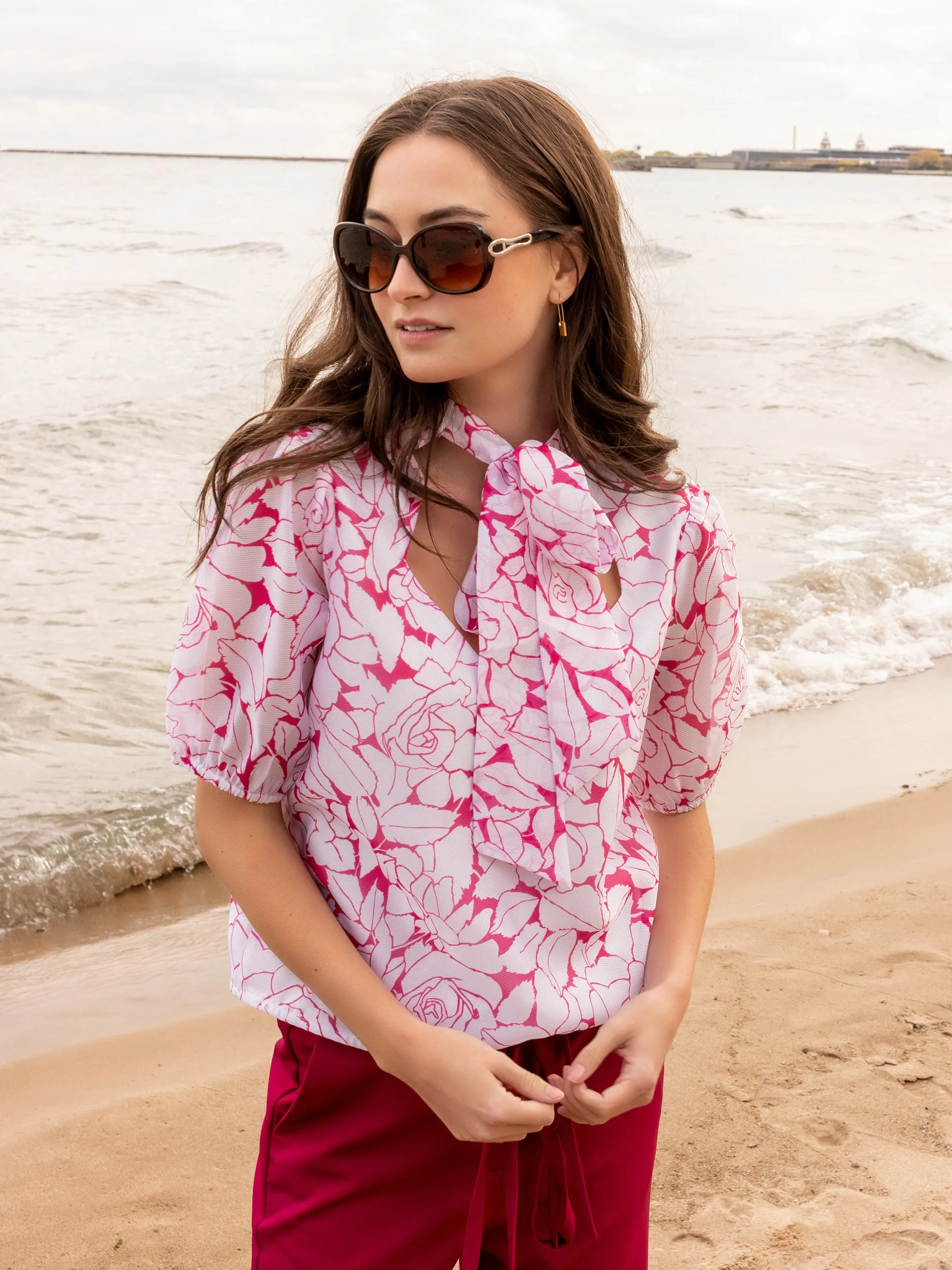 Camla Barcelona Bow Tie Floral Print Puffed Sleeves Top