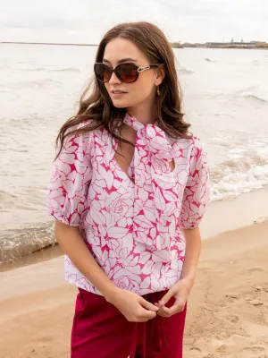 Camla Barcelona Bow Tie Floral Print Puffed Sleeves Top