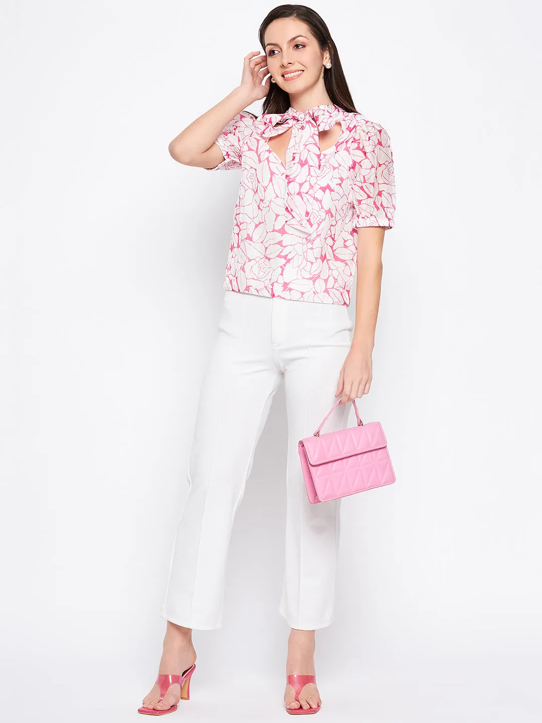 Camla Barcelona Bow Tie Floral Print Puffed Sleeves Top