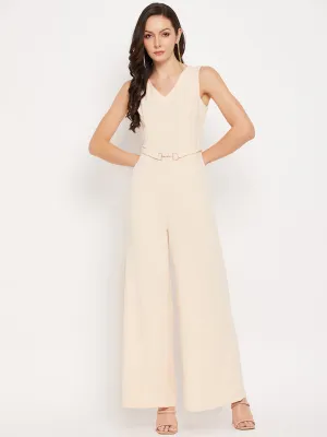 Camla Barcelona Cream Gold Chain Detailed V Neck Jumpsuit