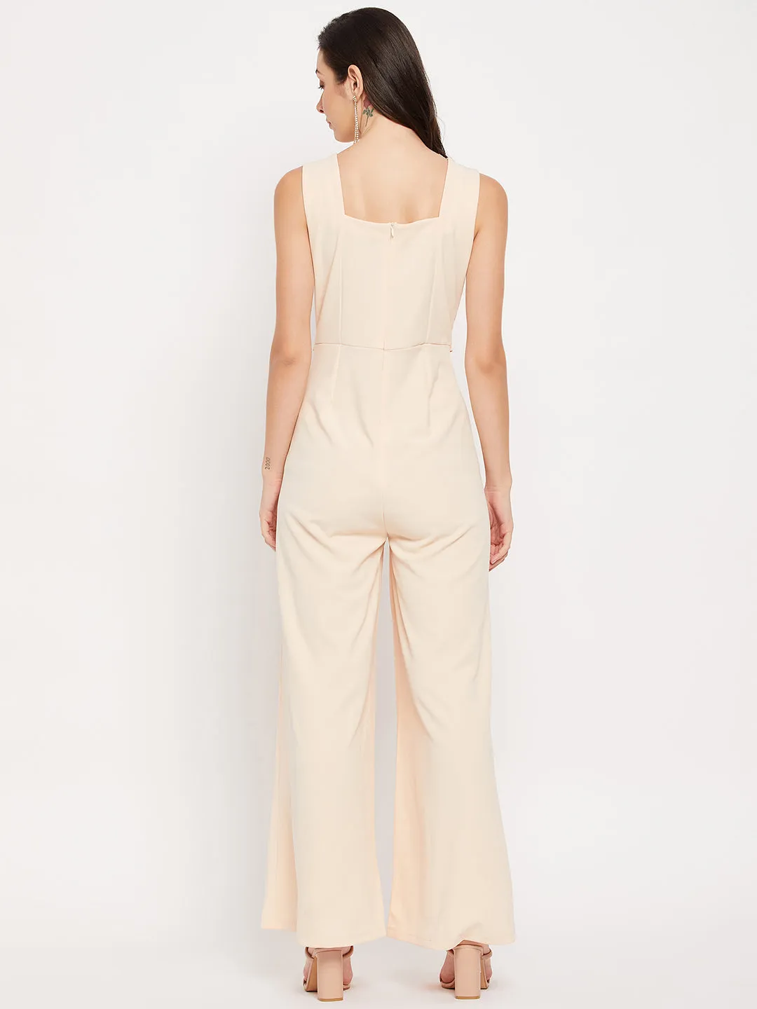 Camla Barcelona Cream Gold Chain Detailed V Neck Jumpsuit