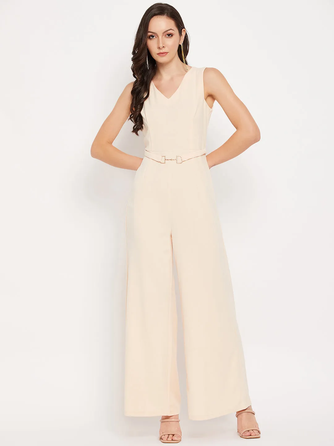 Camla Barcelona Cream Gold Chain Detailed V Neck Jumpsuit
