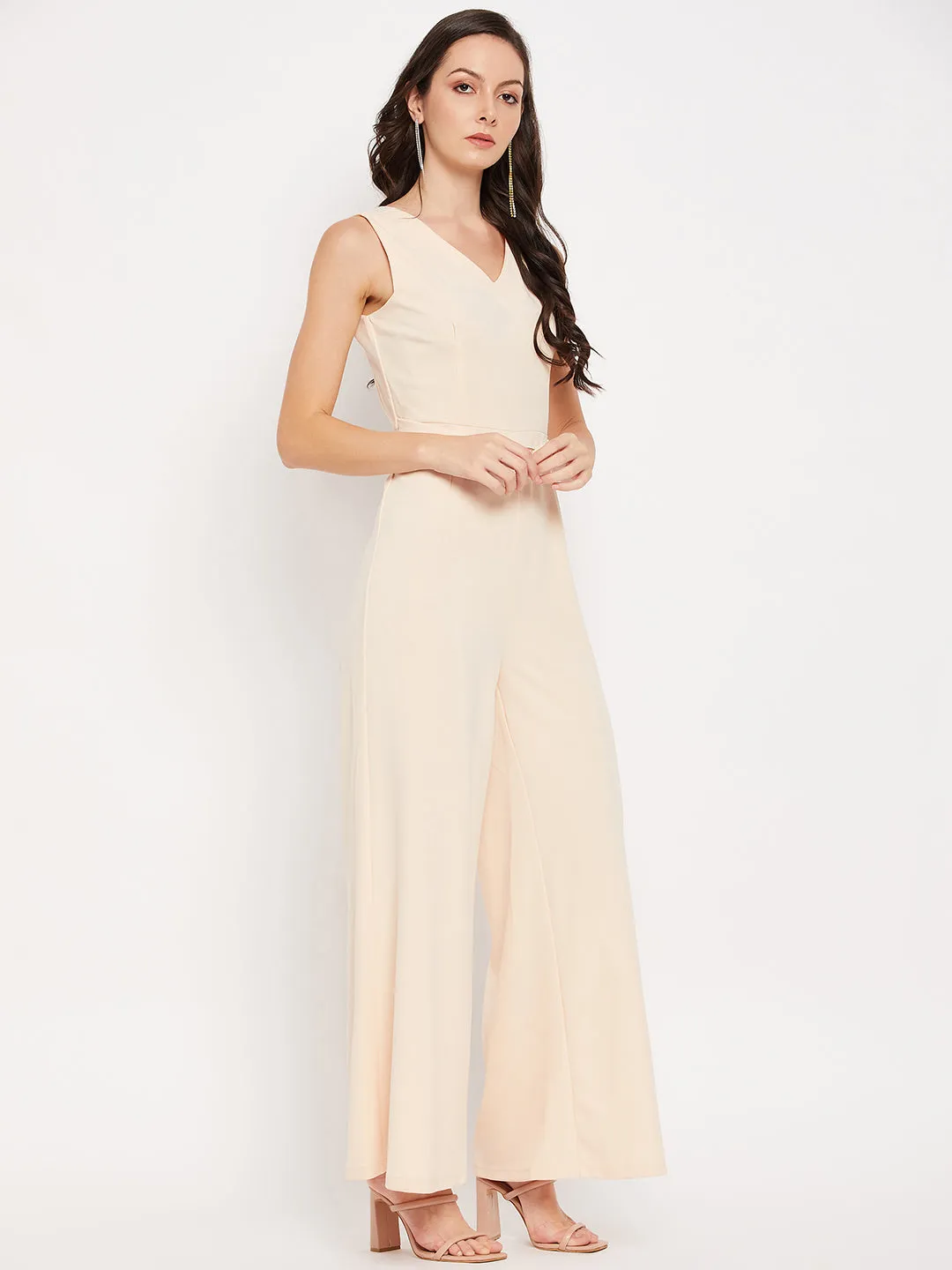 Camla Barcelona Cream Gold Chain Detailed V Neck Jumpsuit