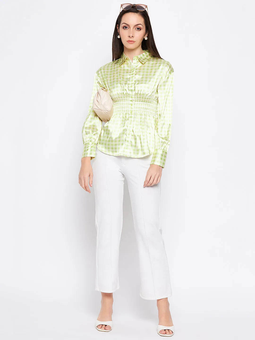 Camla Barcelona Lime Green Satin Smocked Shirt