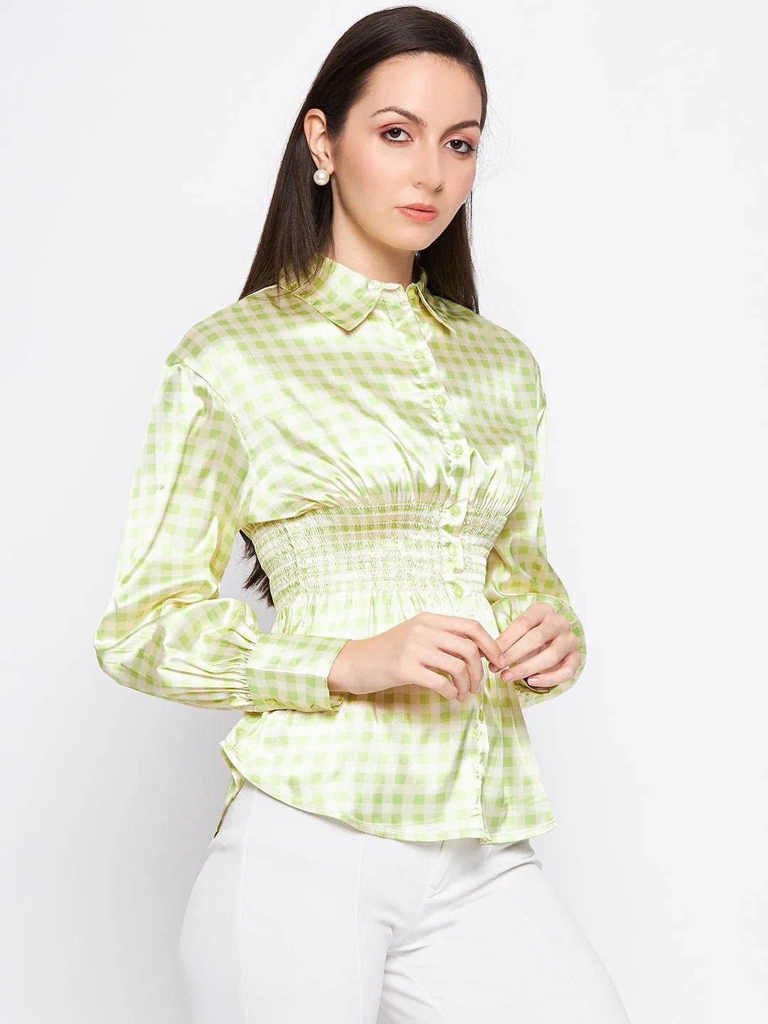 Camla Barcelona Lime Green Satin Smocked Shirt