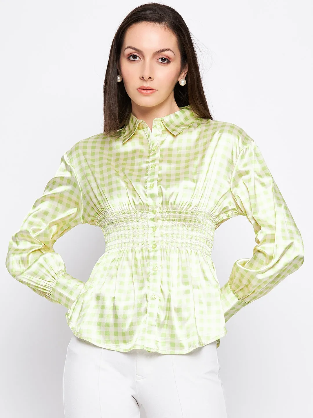 Camla Barcelona Lime Green Satin Smocked Shirt