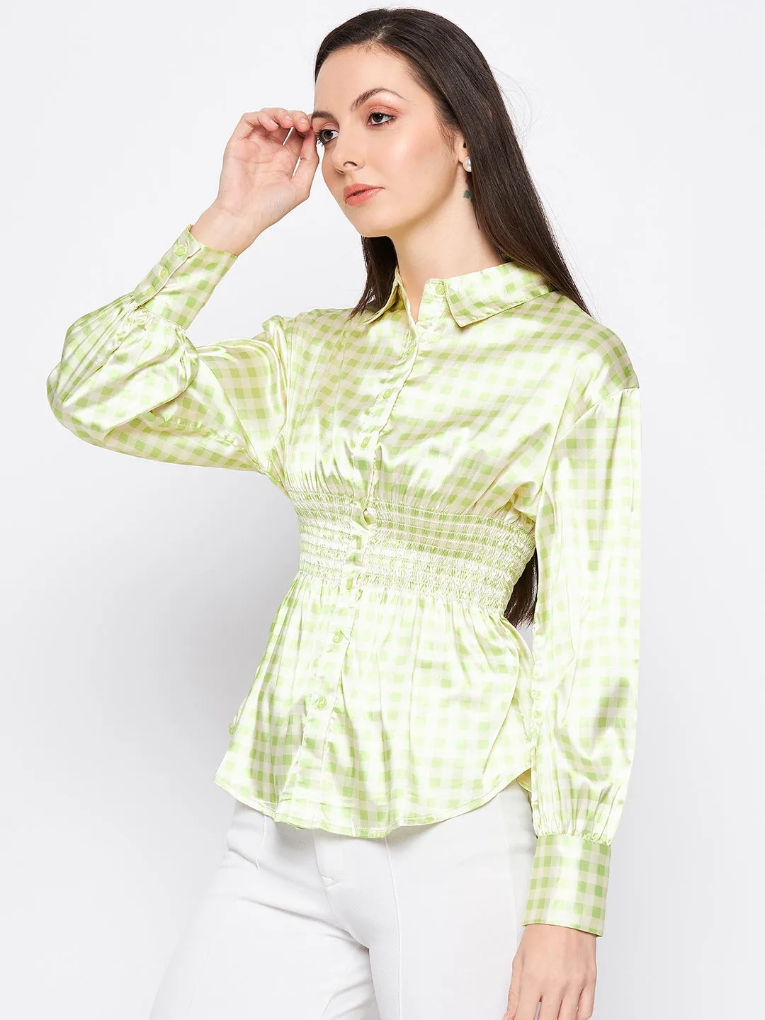 Camla Barcelona Lime Green Satin Smocked Shirt
