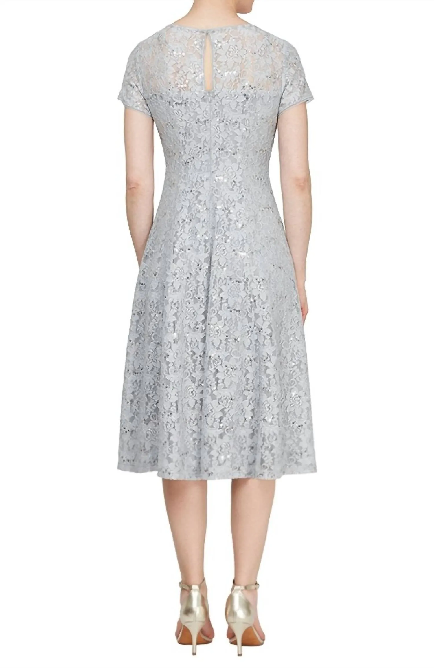 Cap Sleeve Tea Length Sequin Lace Dress
