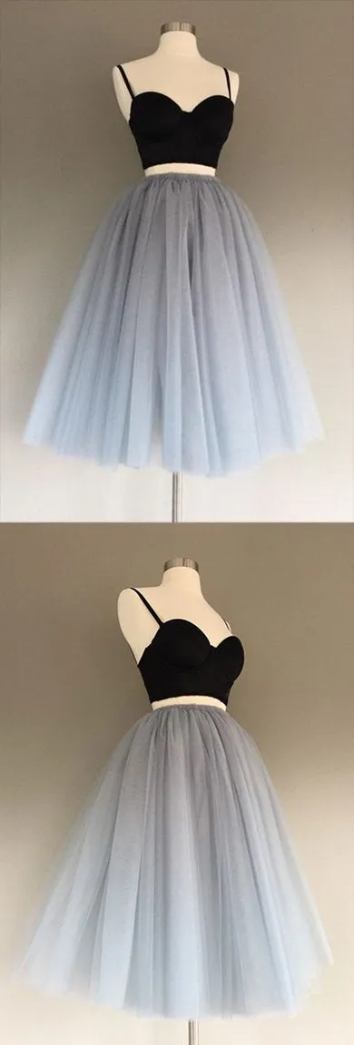 Charming Gray Tulle A-Line Two Piece Homecoming Dress, Graduation Dress, MH218
