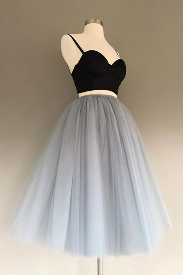 Charming Gray Tulle A-Line Two Piece Homecoming Dress, Graduation Dress, MH218