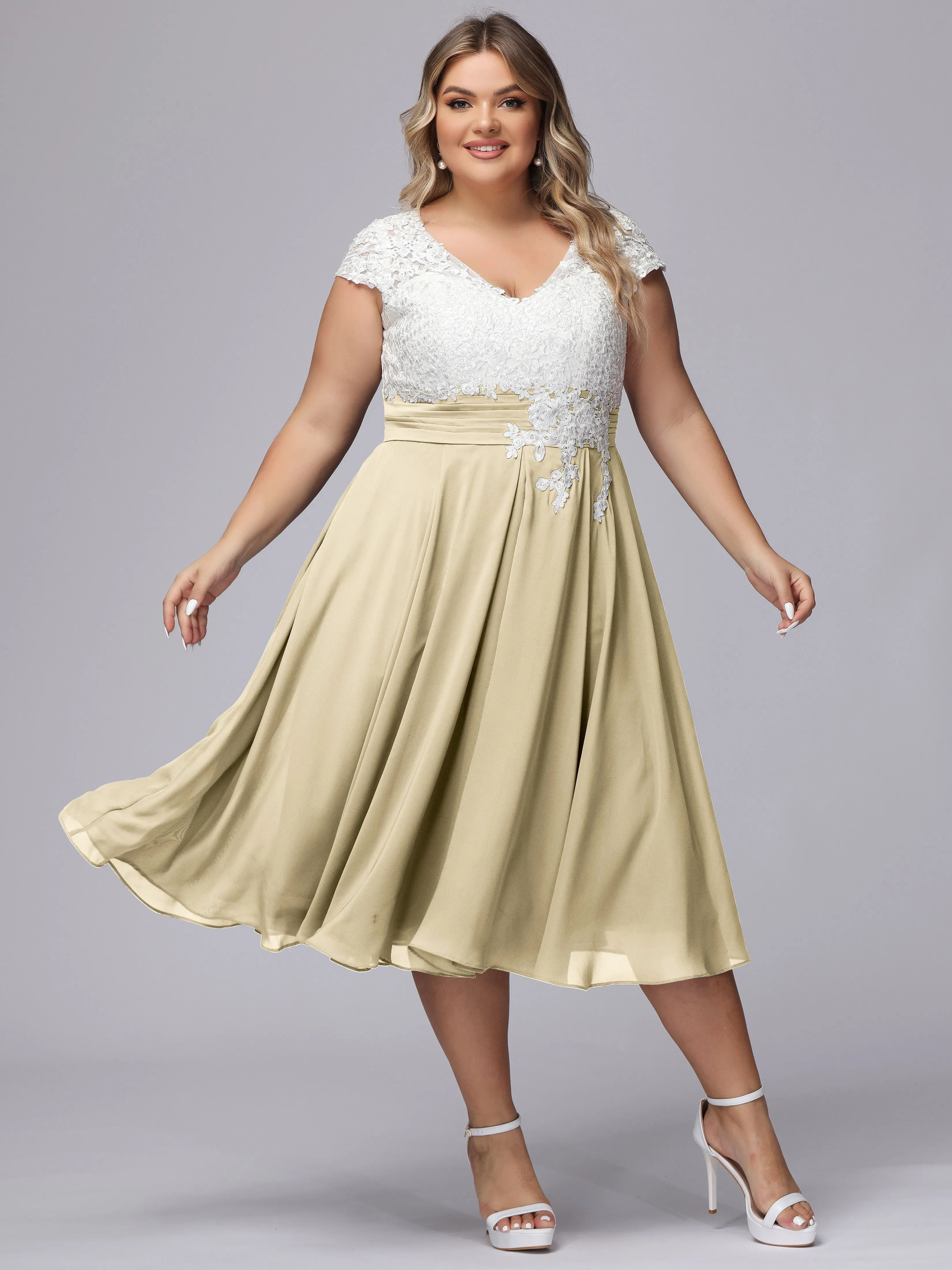 Chic Lace Top Chiffon Tea-Length Plus Size Bridesmaid Dress