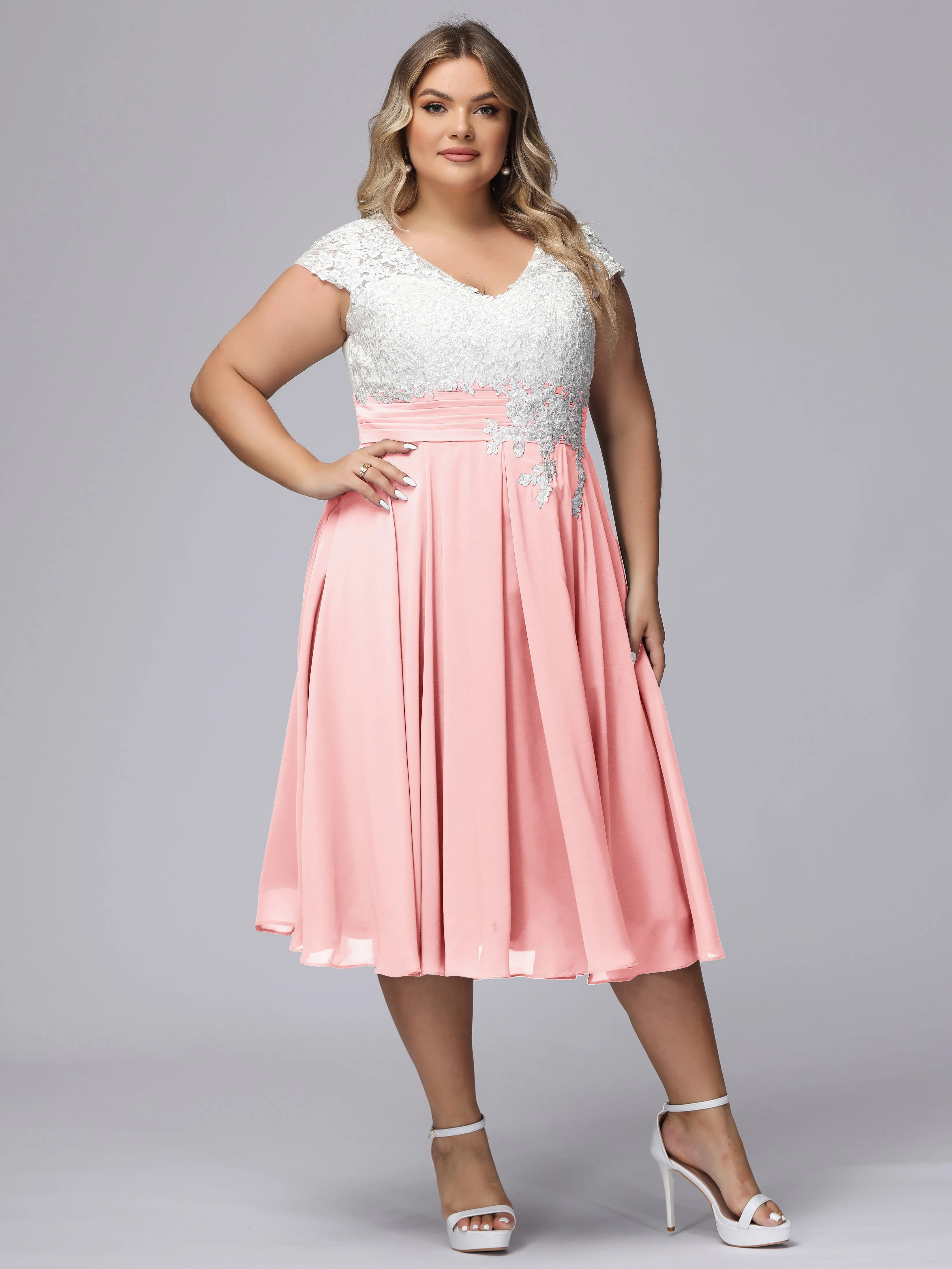Chic Lace Top Chiffon Tea-Length Plus Size Bridesmaid Dress