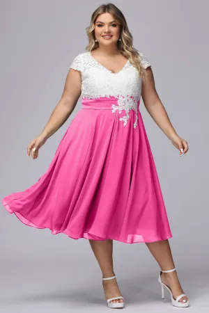 Chic Lace Top Chiffon Tea-Length Plus Size Bridesmaid Dress