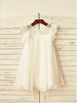 Chiffon Lace Princess Short Sleeves Flower Girl Dresses Tea Length Dress