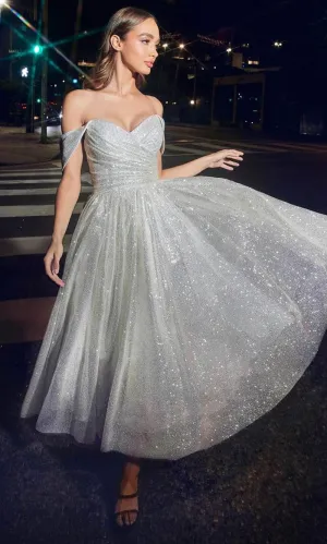 Cinderella Divine CD869W - A-line Tea-Length Dress with Off-Shoulder Design