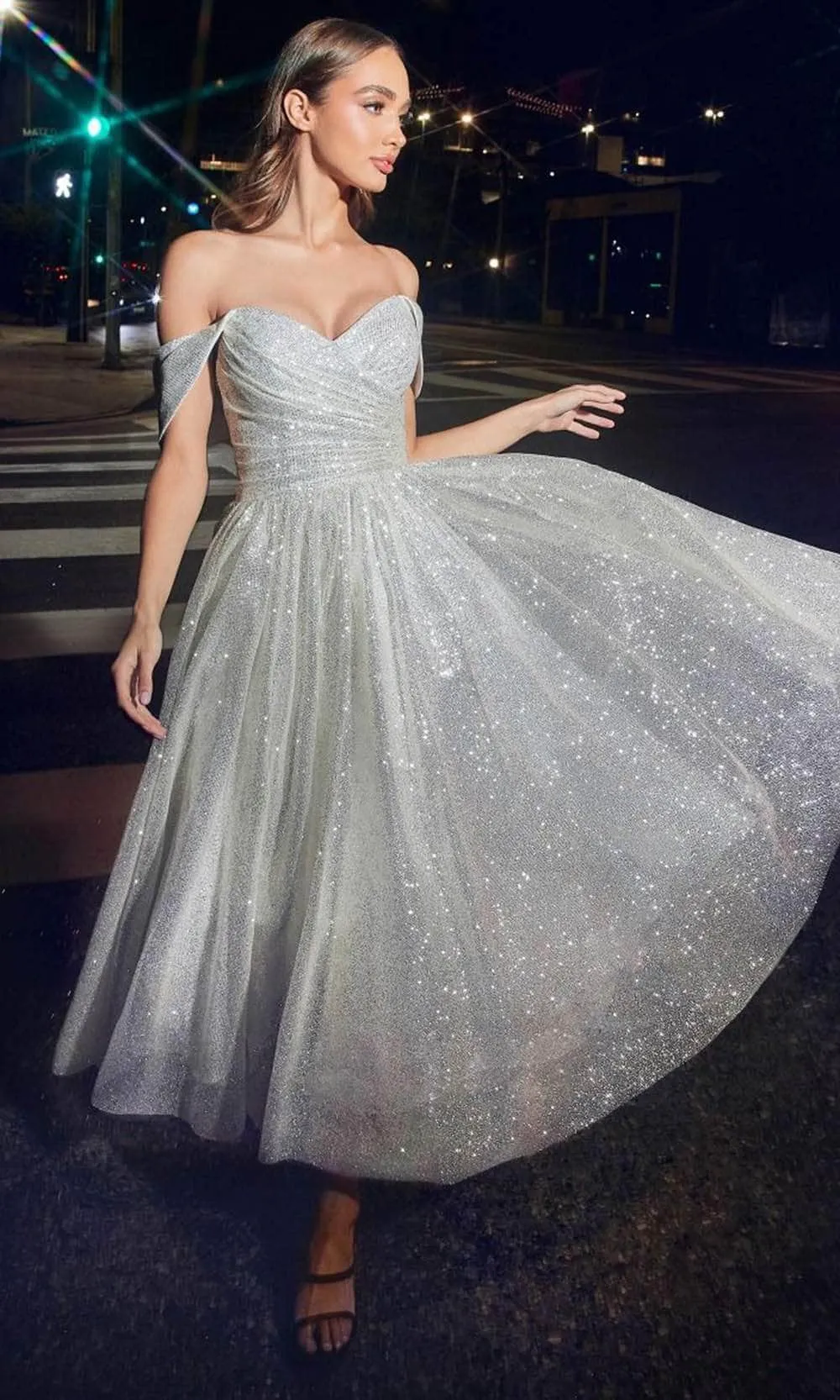 Cinderella Divine CD869W - A-line Tea-Length Dress with Off-Shoulder Design