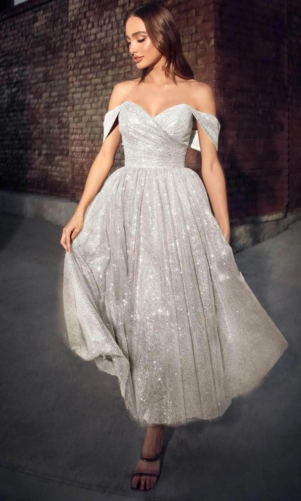 Cinderella Divine CD869W - A-line Tea-Length Dress with Off-Shoulder Design