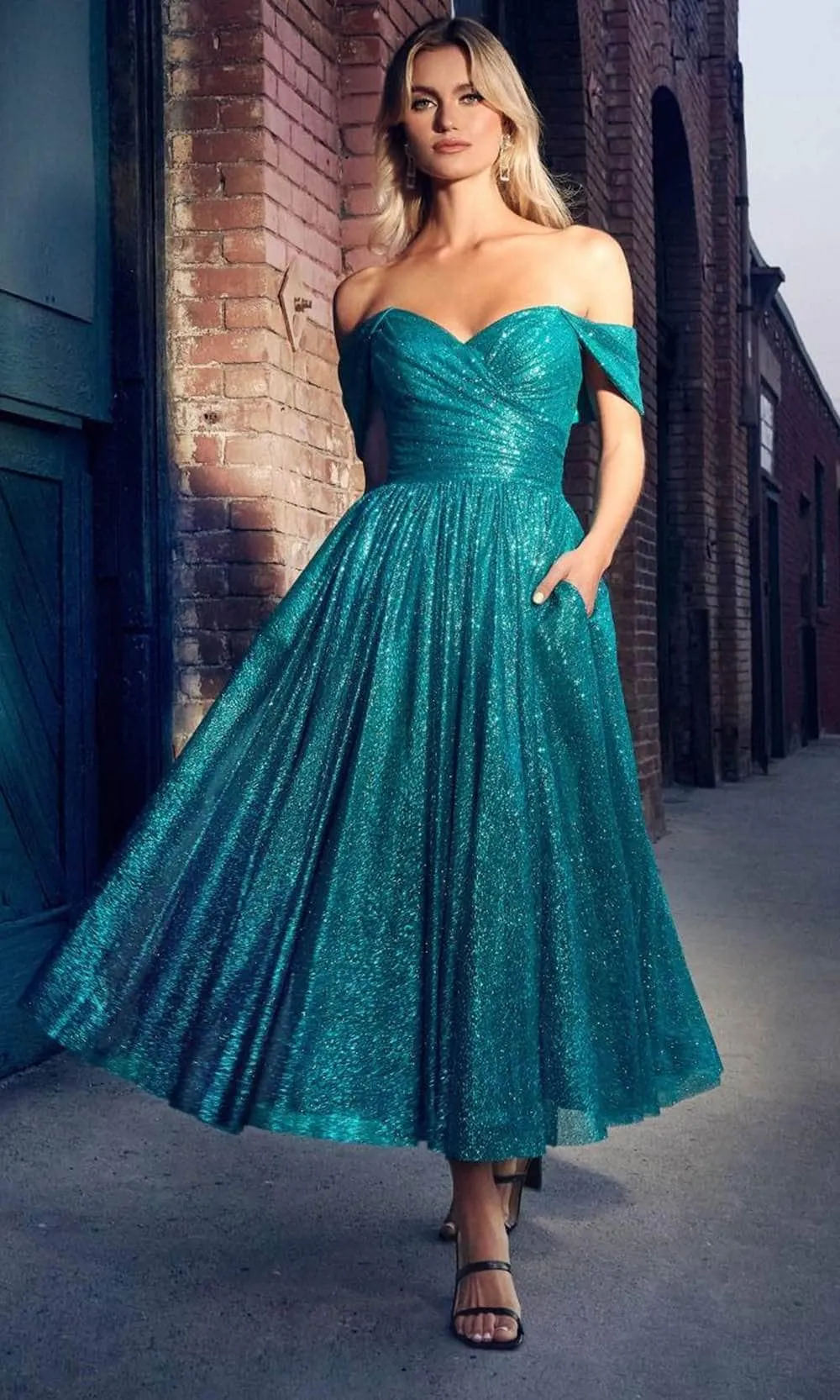 Cinderella Divine CD870 - Tea-Length Dress with Off-Shoulder Design