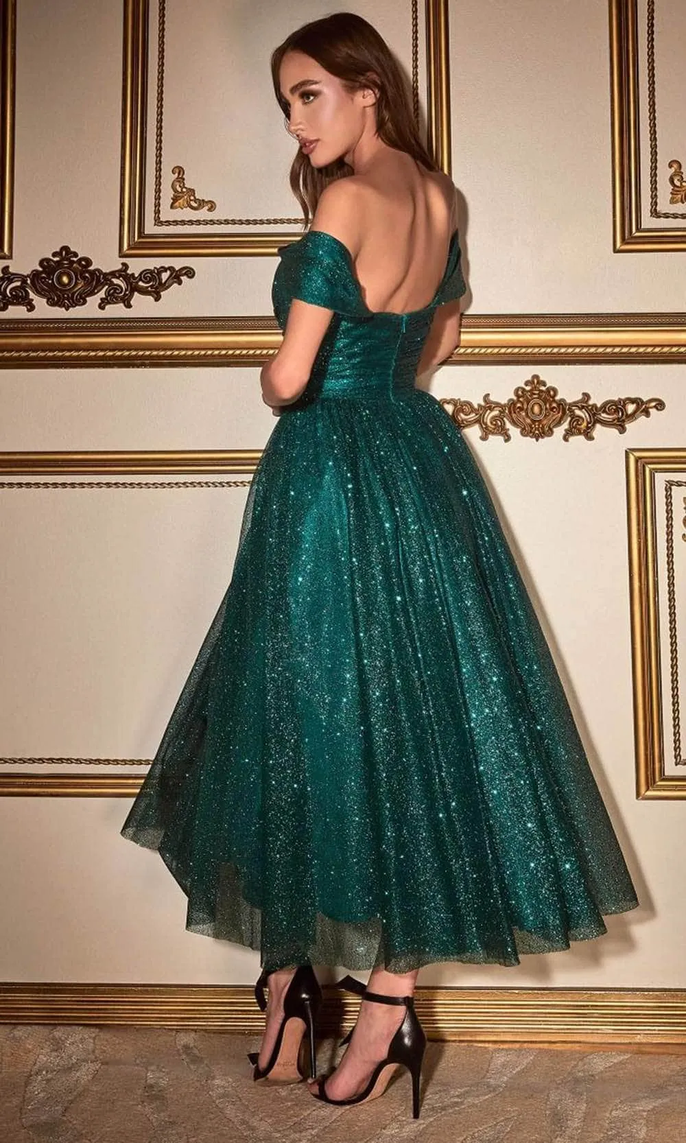Cinderella Divine CD870 - Tea-Length Dress with Off-Shoulder Design