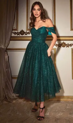 Cinderella Divine CD870 - Tea-Length Dress with Off-Shoulder Design