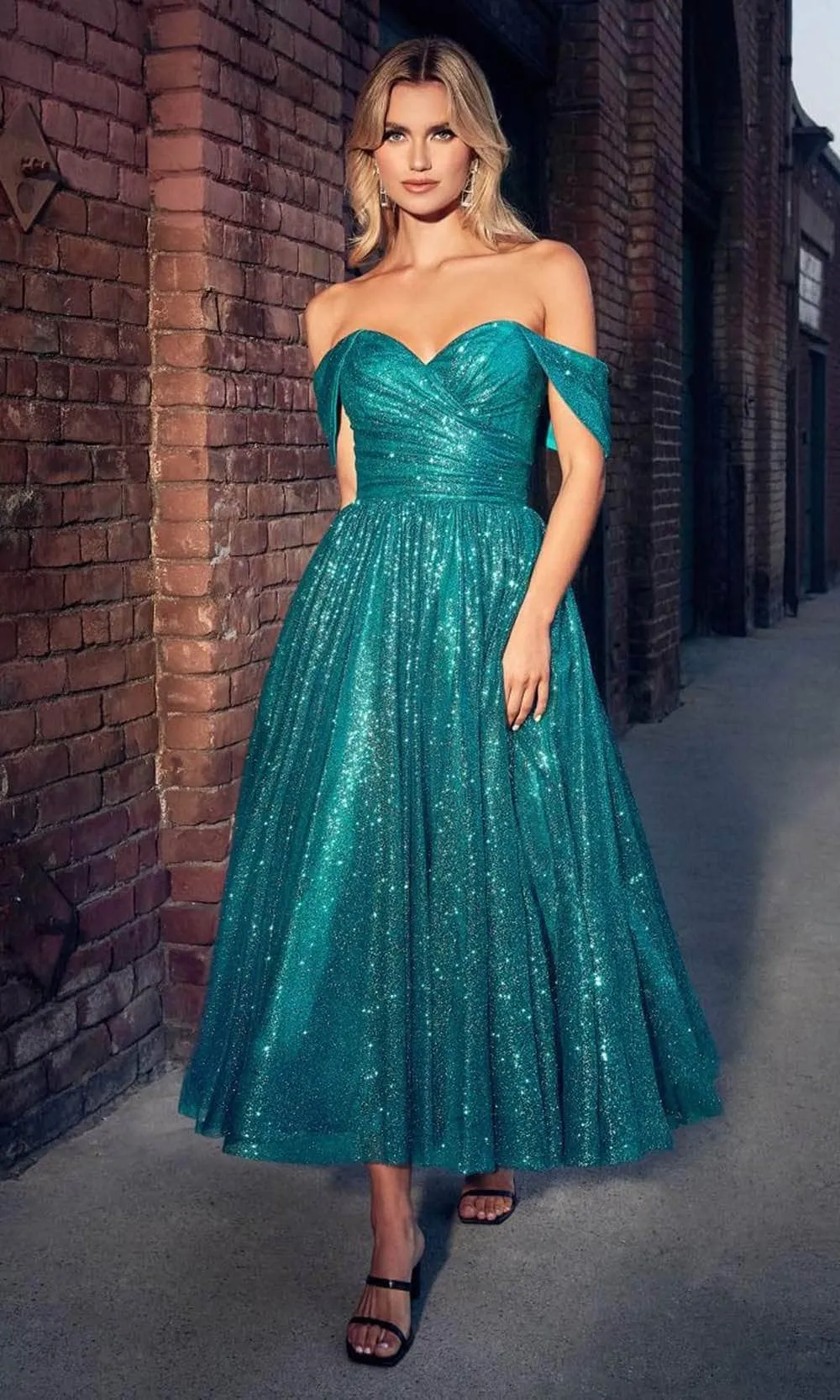 Cinderella Divine CD870 - Tea-Length Dress with Off-Shoulder Design