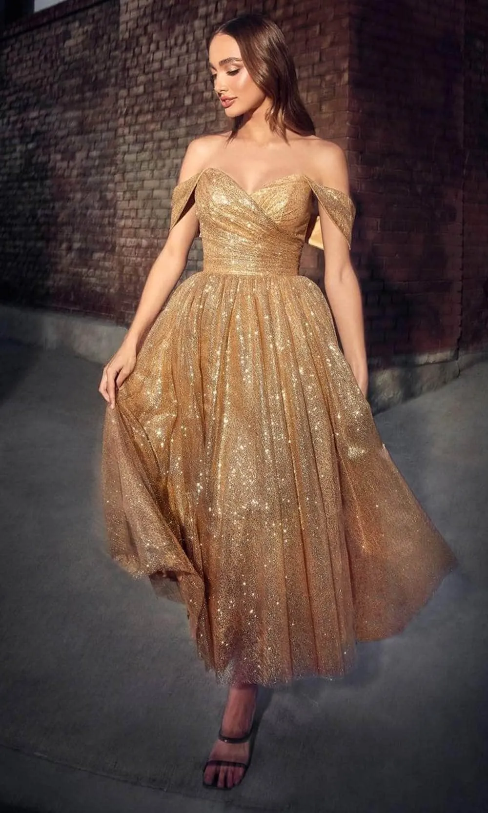Cinderella Divine CD870 - Tea-Length Dress with Off-Shoulder Design