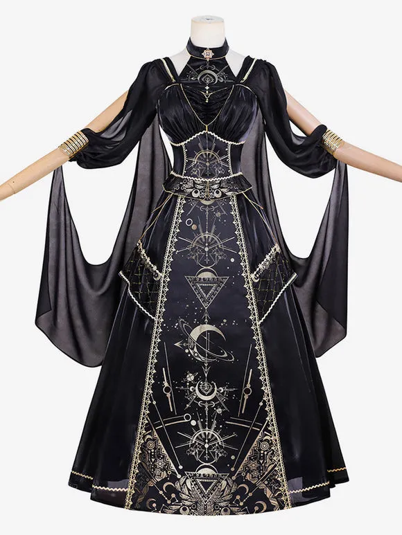 Classic Lolita Outfits Black Gold Patchwork Sleeveless