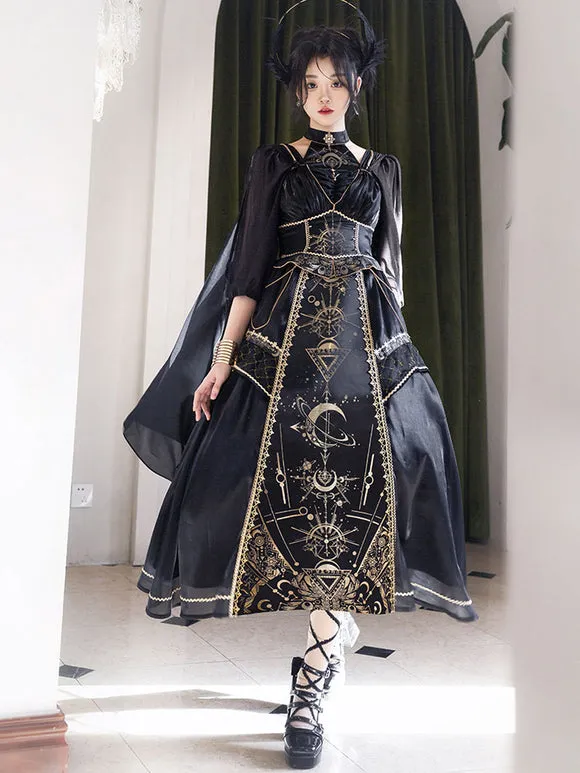 Classic Lolita Outfits Black Gold Patchwork Sleeveless