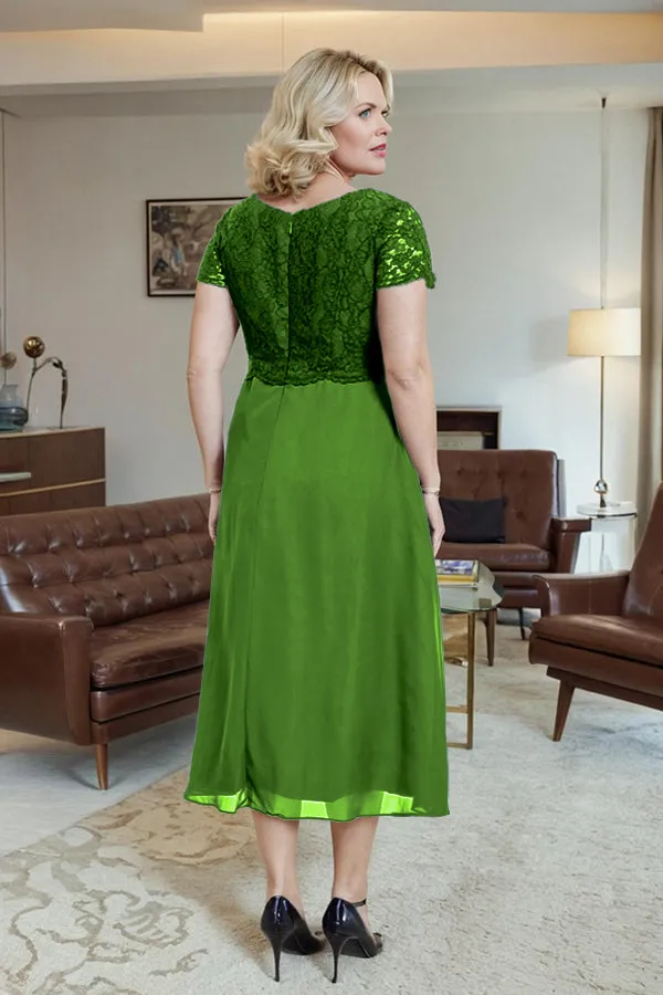 Classic Short Sleeves Ruched Tea Length Mother of the Bride Dress