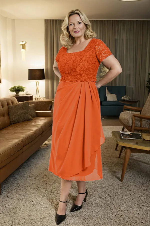 Classic Short Sleeves Ruched Tea Length Mother of the Bride Dress