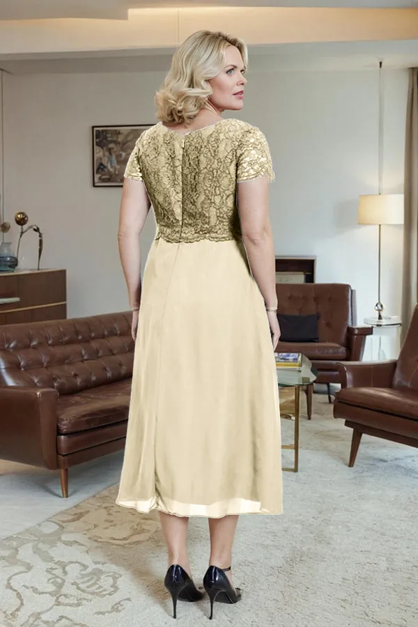 Classic Short Sleeves Ruched Tea Length Mother of the Bride Dress