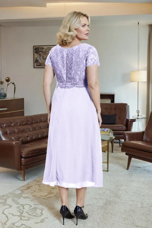 Classic Short Sleeves Ruched Tea Length Mother of the Bride Dress