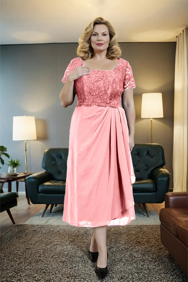 Classic Short Sleeves Ruched Tea Length Mother of the Bride Dress