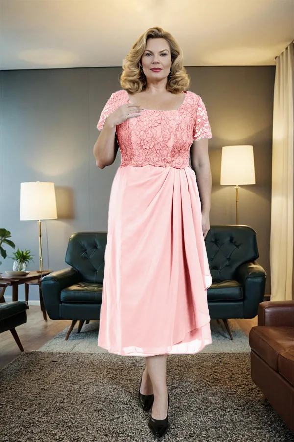 Classic Short Sleeves Ruched Tea Length Mother of the Bride Dress