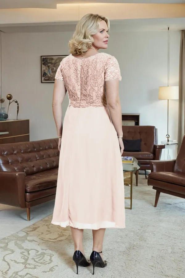 Classic Short Sleeves Ruched Tea Length Mother of the Bride Dress