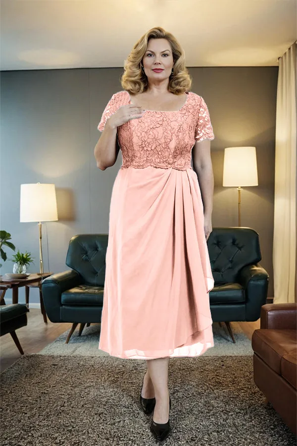 Classic Short Sleeves Ruched Tea Length Mother of the Bride Dress