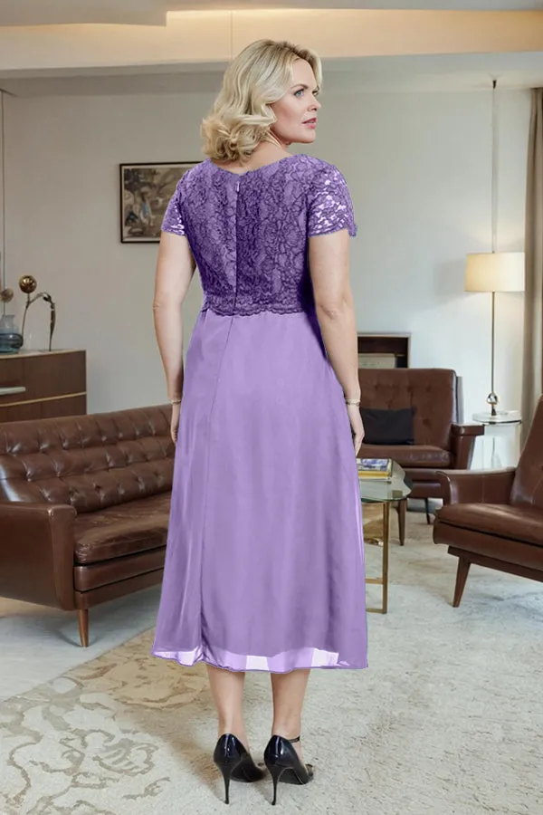 Classic Short Sleeves Ruched Tea Length Mother of the Bride Dress
