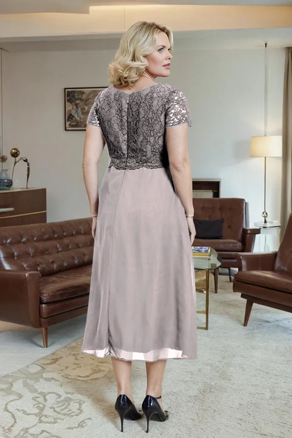 Classic Short Sleeves Ruched Tea Length Mother of the Bride Dress