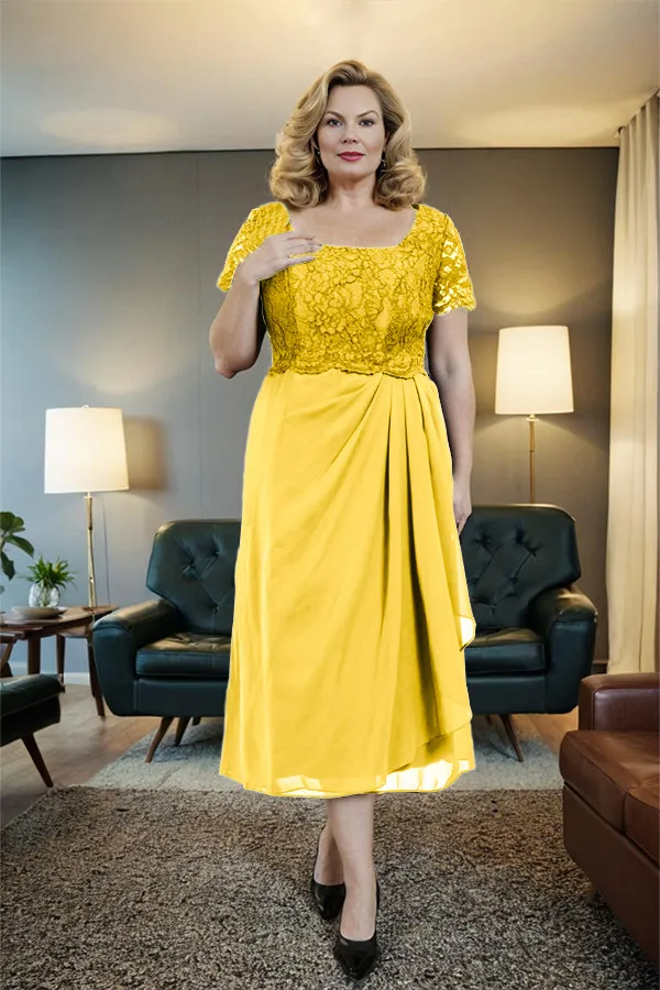 Classic Short Sleeves Ruched Tea Length Mother of the Bride Dress