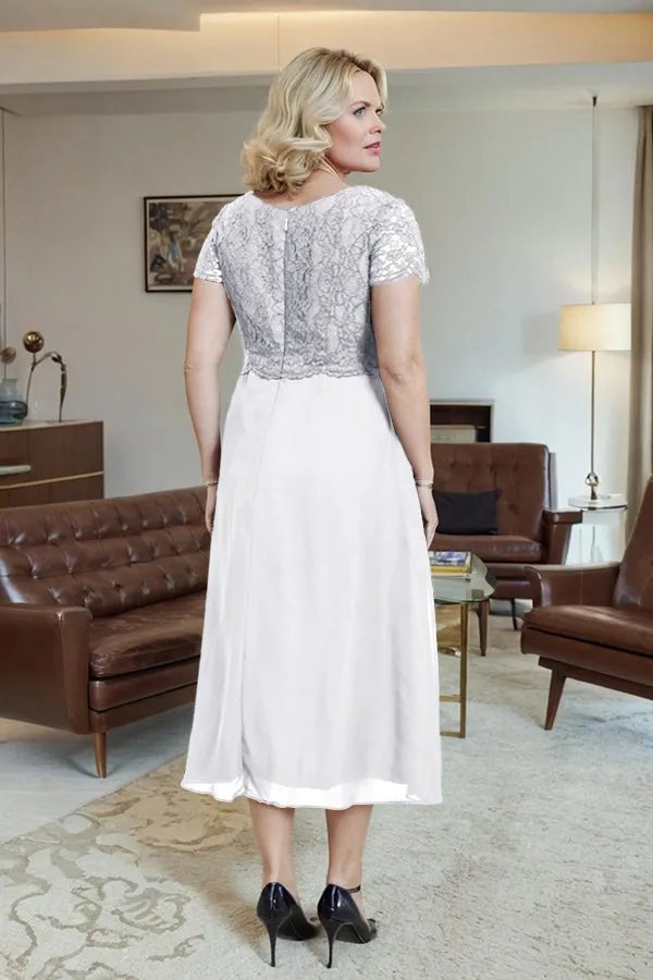 Classic Short Sleeves Ruched Tea Length Mother of the Bride Dress