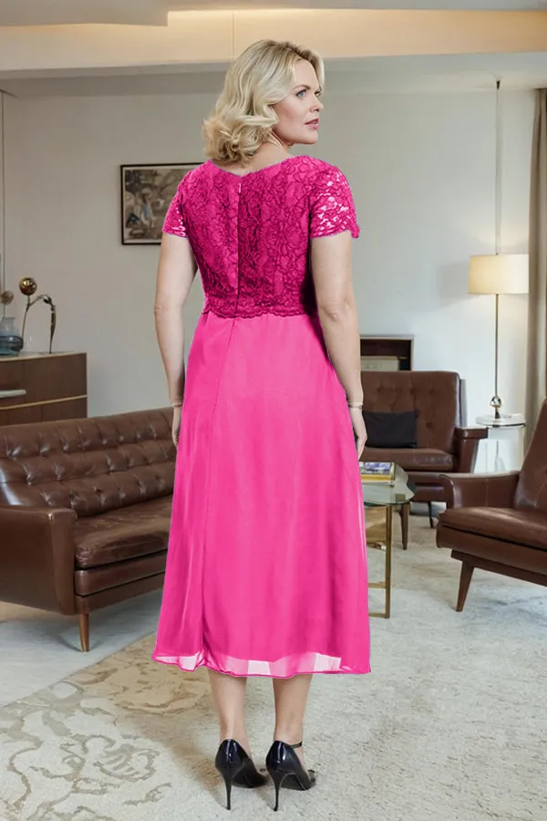 Classic Short Sleeves Ruched Tea Length Mother of the Bride Dress