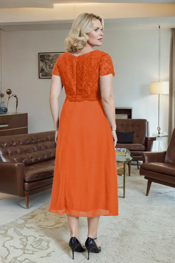 Classic Short Sleeves Ruched Tea Length Mother of the Bride Dress