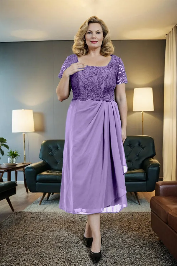 Classic Short Sleeves Ruched Tea Length Mother of the Bride Dress