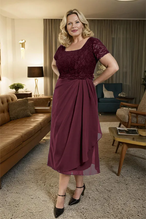 Classic Short Sleeves Ruched Tea Length Mother of the Bride Dress