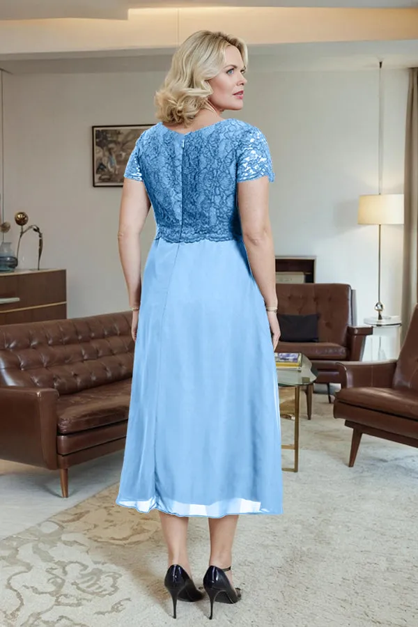 Classic Short Sleeves Ruched Tea Length Mother of the Bride Dress