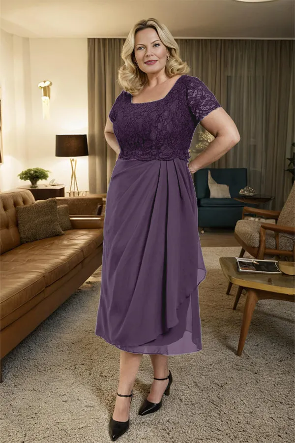 Classic Short Sleeves Ruched Tea Length Mother of the Bride Dress